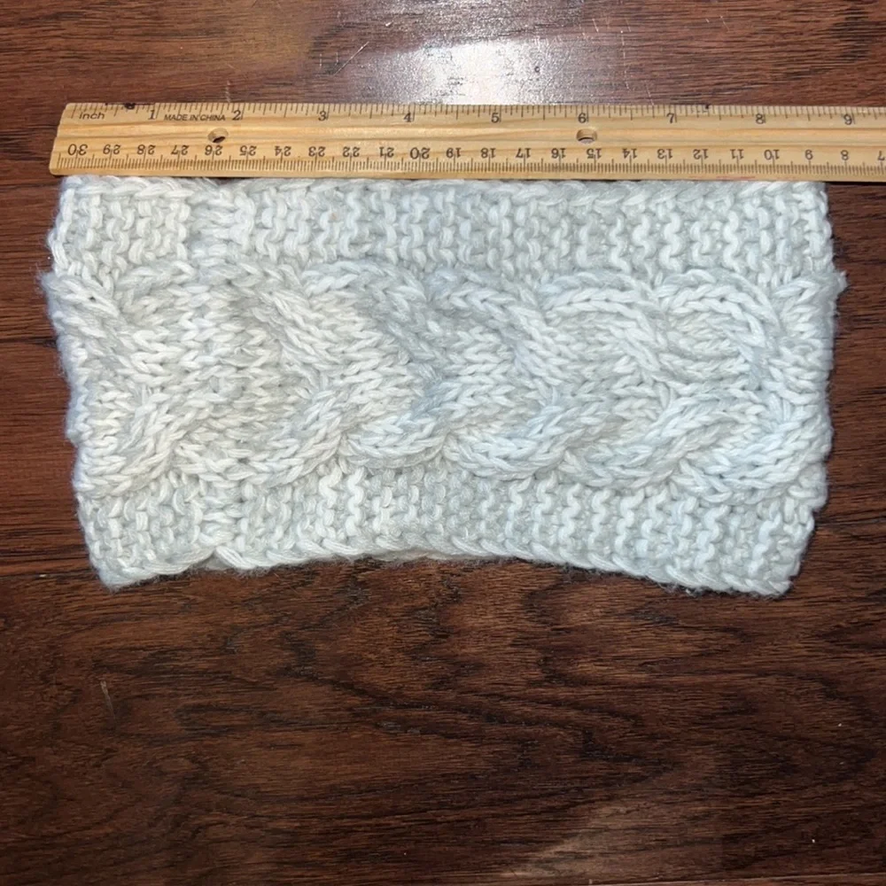Light grey white knit head ear headband outerwear cold weather headwrap 9”x 4.5”